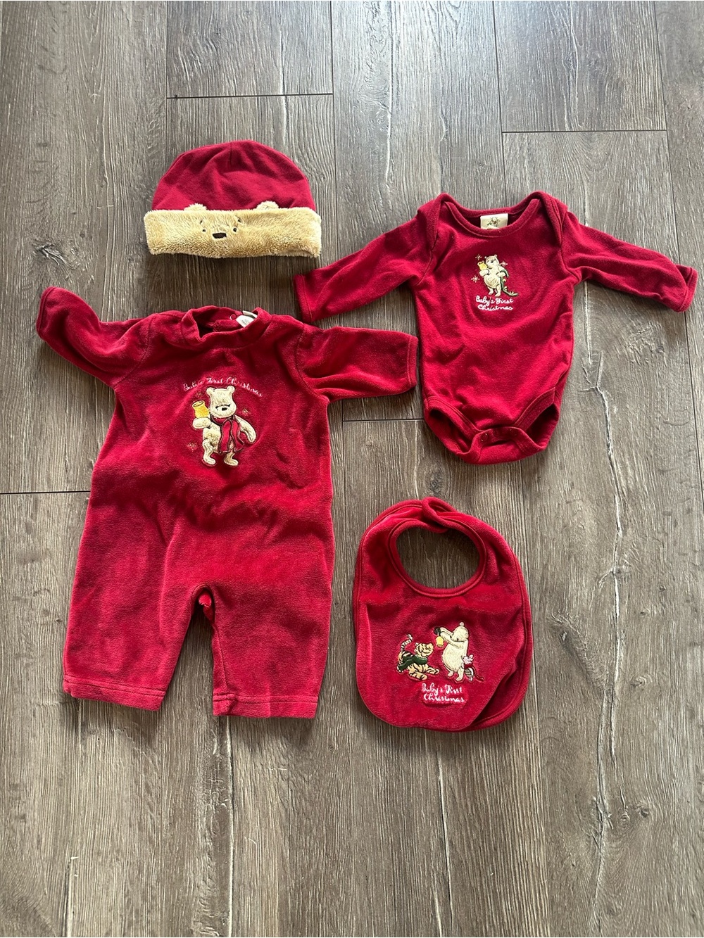Red Winnie the Pooh Baby Set - Hat, Romper, Onesie, Bib